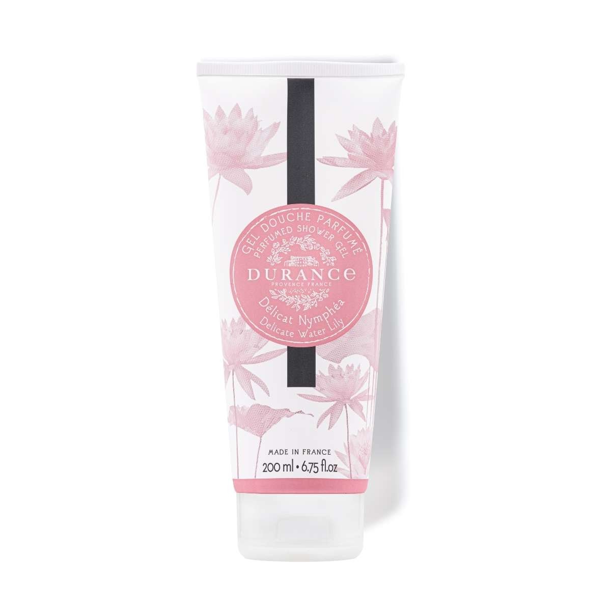 A tube of Delicate Water Lily shower gel by Durance with floral designs and a pink label.